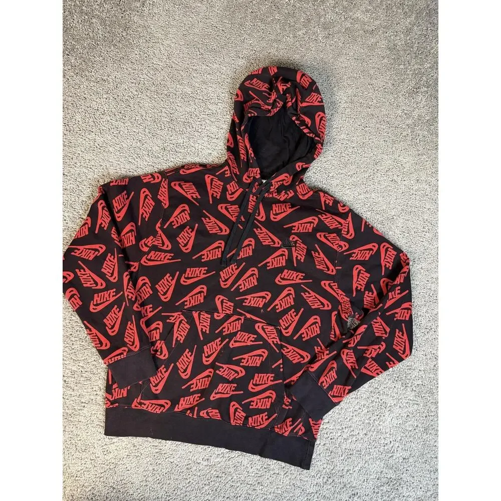 Nike Hoodie Mens M Black Pullover Hooded Drawstring Pockets Graphic Print Lined